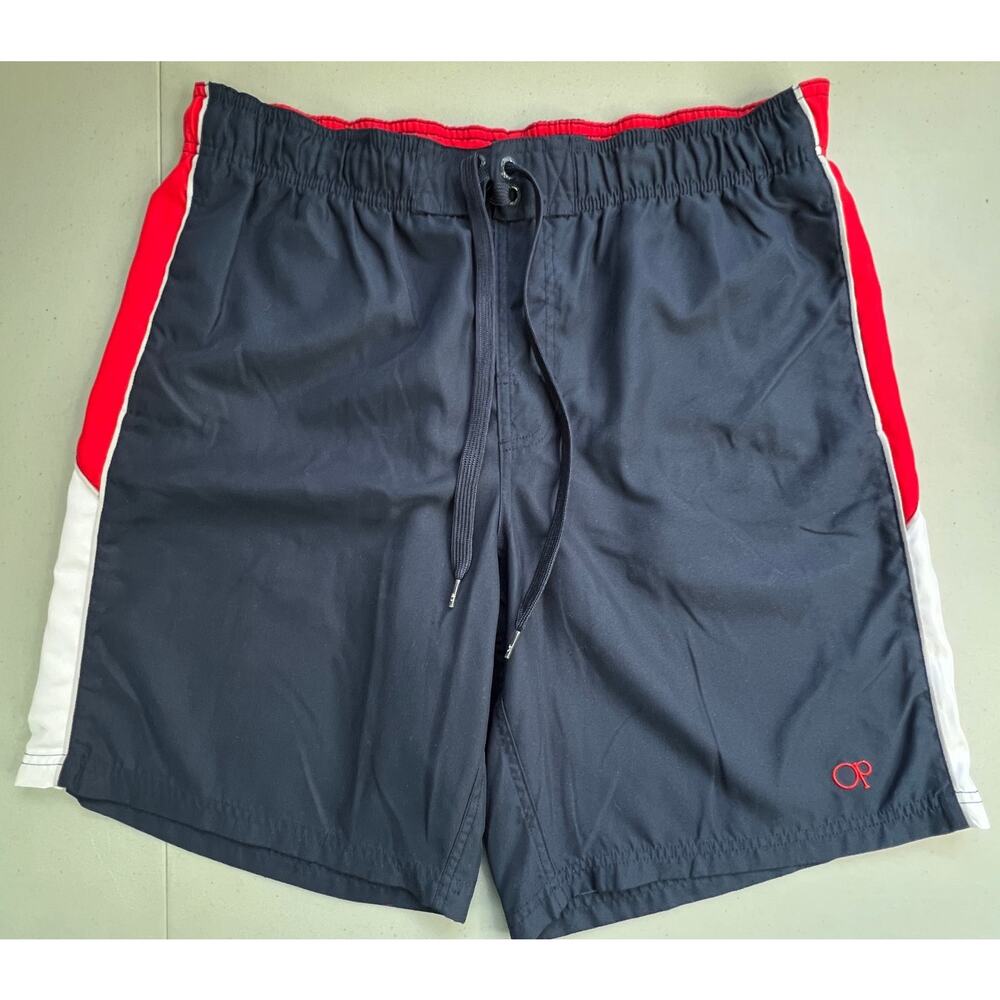 Ocean Pacific OP Swim Trunks Mens L 36-38 Navy Red Drawstring Board Shorts